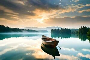 une bateau sur le Lac à lever du soleil. généré par ai photo