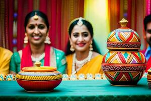 une groupe de gens dans coloré saris séance autour une table avec coloré marmites. généré par ai photo