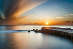 une longue exposition photographier de une jetée à le coucher du soleil. généré par ai photo