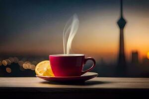 une tasse de café avec une vue de le cn la tour. généré par ai photo