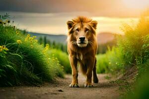 une Lion en marchant vers le bas une saleté route dans le milieu de une champ. généré par ai photo