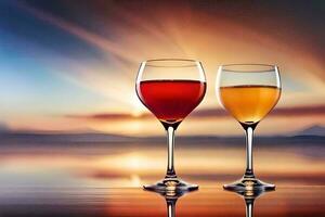 deux des lunettes de du vin sur le plage. généré par ai photo