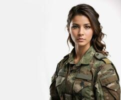 portrait de une magnifique Jeune femelle soldat sur une blanc Contexte. endroit pour votre texte. militaire concept. femme dans armée. ai génératif photo