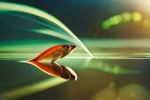 une poisson est flottant dans le l'eau avec une vert flux. généré par ai photo