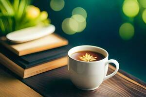 une tasse de thé sur une en bois table avec livres et une fleur. généré par ai photo