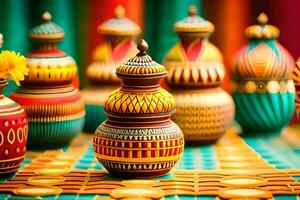 beaucoup coloré des vases sont arrangé sur une tableau. généré par ai photo