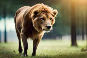 une Lion en marchant dans le herbe. généré par ai photo