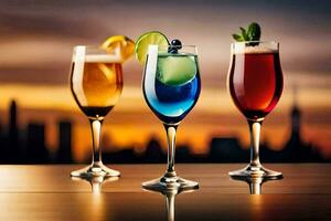 Trois différent coloré des cocktails dans des lunettes sur une tableau. généré par ai photo