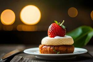 une fraise et crème dessert sur une plaque. généré par ai photo