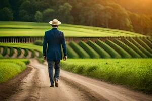 une homme dans une costume et chapeau des promenades vers le bas une saleté route. généré par ai photo