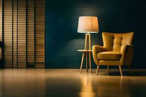 une Jaune chaise et lampe dans une chambre. généré par ai photo