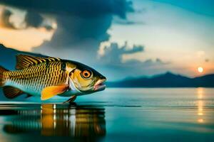 une poisson est permanent sur le l'eau à le coucher du soleil. généré par ai photo