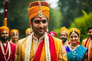 une homme dans traditionnel Indien tenue avec le sien la mariée et jeune marié. généré par ai photo