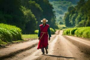 une homme dans une rouge peignoir et chapeau en marchant vers le bas une saleté route. généré par ai photo