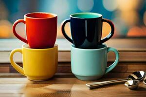 Trois coloré café tasses sur une tableau. généré par ai photo