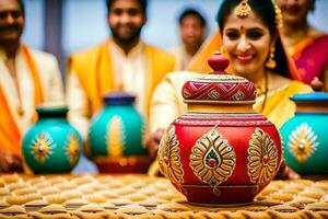 une couple est en portant une pot avec coloré décorations. généré par ai photo