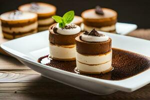 desserts sur une assiette avec Chocolat et fouetté crème. généré par ai photo