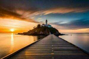 une jetée avec une phare à le coucher du soleil. généré par ai photo