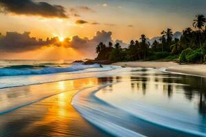 le Soleil monte plus de le océan et le vagues sur le plage. généré par ai photo