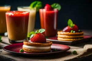 une assiette de des fraises et une verre de jus. généré par ai photo