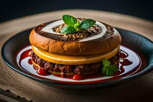 une Hamburger avec fromage et sauce sur une plaque. généré par ai photo