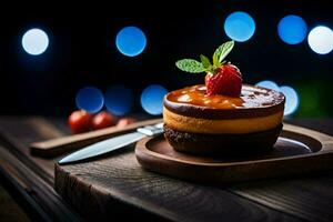 une dessert avec des fraises et Chocolat sur une en bois tableau. généré par ai photo