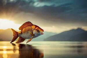 une poisson est permanent sur le l'eau à le coucher du soleil. généré par ai photo