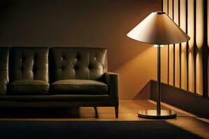 une noir cuir canapé et une lampe dans une foncé chambre. généré par ai photo
