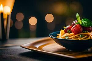 Pâtes avec des fraises et basilic sur une en bois plaque. généré par ai photo