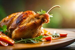 une rôti poulet sur une assiette avec des légumes. généré par ai photo