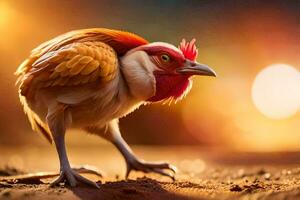 une coq est en marchant sur le sol avec une Soleil dans le Contexte. généré par ai photo