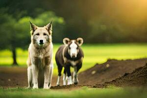 deux chiens sont permanent dans le herbe suivant à chaque autre. généré par ai photo