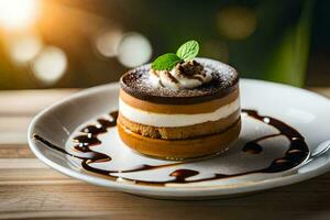 une dessert sur une assiette avec Chocolat sauce. généré par ai photo