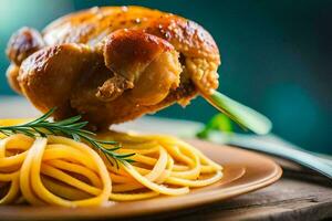 une poulet jambe sur une assiette avec spaghetti. généré par ai photo