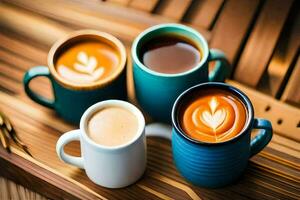 Trois tasses de café séance sur une en bois tableau. généré par ai photo