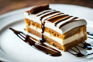 une pièce de gâteau avec Chocolat et fouetté crème. généré par ai photo