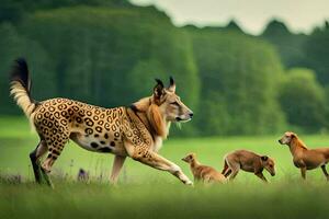 une guépard et sa petits en marchant par une champ. généré par ai photo