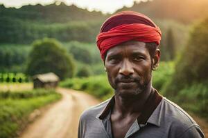 une homme portant une rouge turban des stands sur une saleté route. généré par ai photo