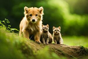 une chien et deux chatons permanent sur une enregistrer. généré par ai photo