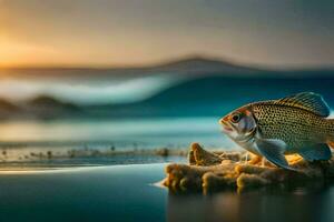 une poisson est séance sur une Roche dans le l'eau à le coucher du soleil. généré par ai photo