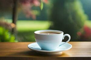 une tasse de café sur une en bois table dans le jardin. généré par ai photo