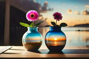 deux des vases avec fleurs séance sur une table avec une le coucher du soleil dans le Contexte. généré par ai photo