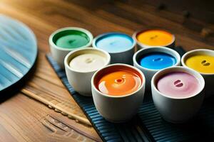 une groupe de tasses avec différent couleurs de peindre. généré par ai photo