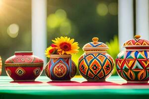 coloré des vases avec tournesol dans leur sur une tableau. généré par ai photo