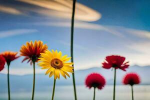 fleurs, le ciel, montagnes, le mer, fleurs, le mer, fleurs, le. généré par ai photo