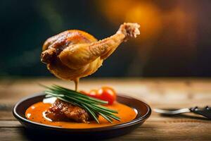 une poulet jambe est étant plongé dans une sauce sur une plaque. généré par ai photo