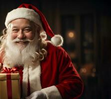 souriant Père Noël claus ou Saint Nicolas avec cadeau boîte sur vacances Contexte. joyeux Noël et content Nouveau an. ai génératif photo