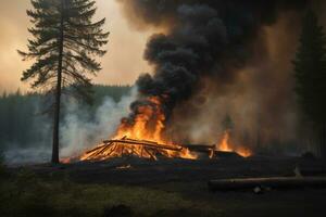 forêt Feu. herbe et des arbres sont brûlant. Feu et fumée. écologique catastrophe. ai génératif photo