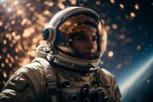 astronaute astronaute dans extérieur espace. proche en haut. science fiction thème. ai génératif photo
