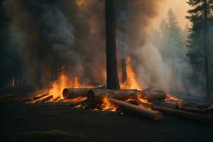 forêt Feu. herbe et des arbres sont brûlant. Feu et fumée. écologique catastrophe. ai génératif photo